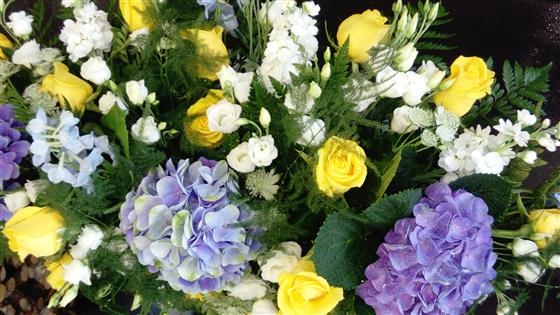 Blue hydrangea casket spray