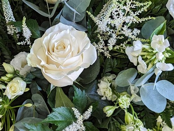 Cream rose and white Astilbe casket spray