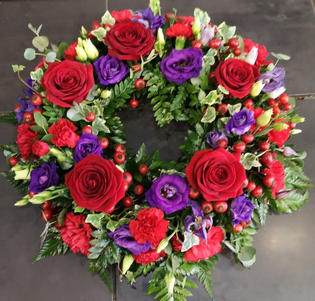 Red Rose and Purple Lizianthus  Wreath